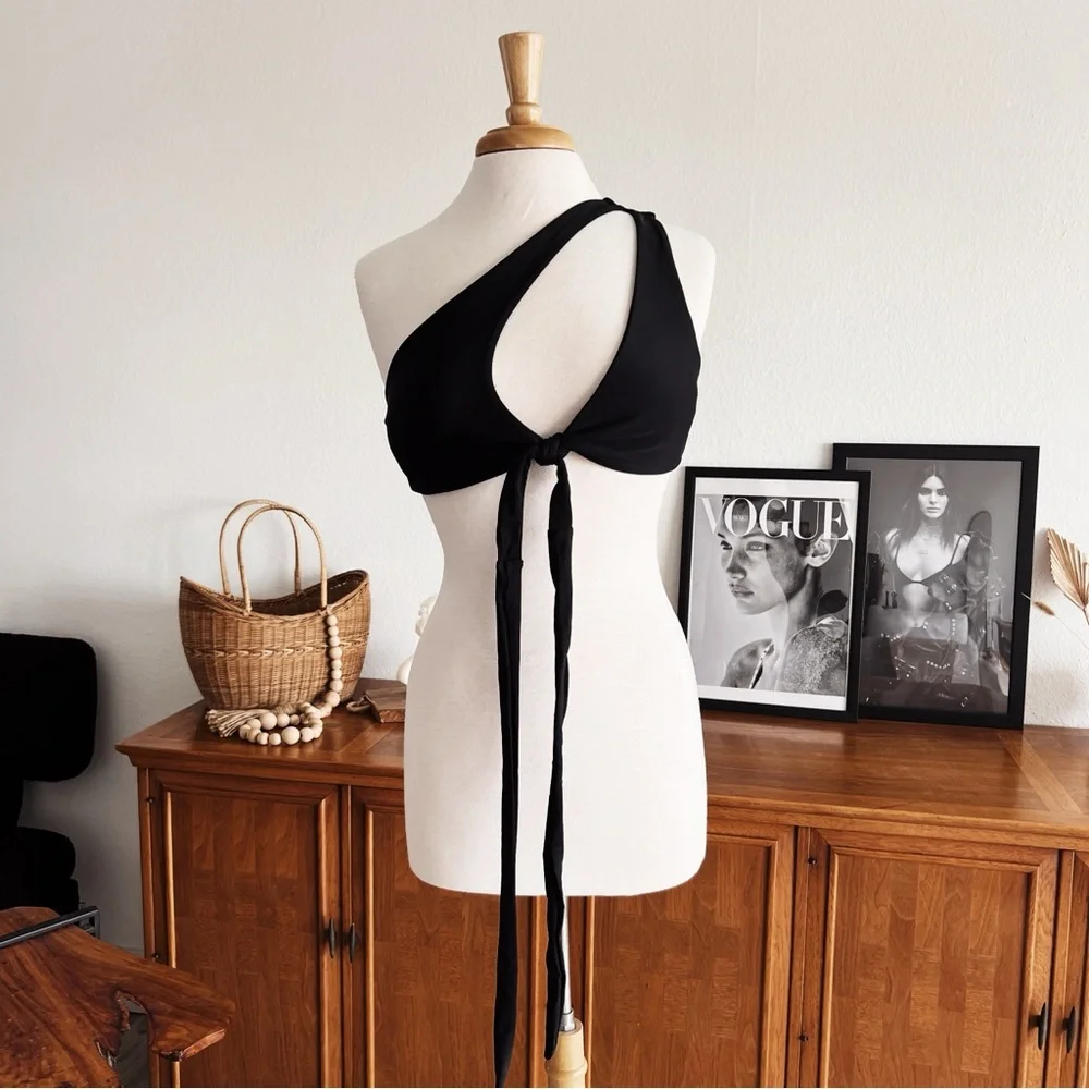 BLACK ONE SHOULDER STRAPPY BIKINI TOP #0363 - Picture 6 of 6